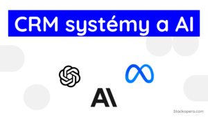 Grafika znázorňující 'CRM systémy a AI' s třemi ikonami na bílém pozadí s šedými kruhy.